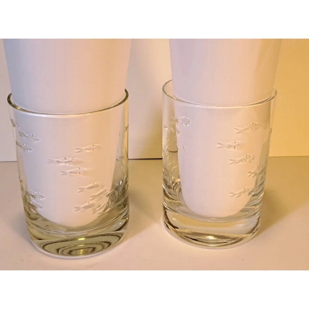 Set of 2 Crate & Barrel Reef Double Old-Fashioned Glasses Fish Lowball‎ Glasses